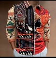 Polo homme à manches longues avec motifs africains et col à demi-fermeture - S / Hauts / Imprimé tribal africain rouge