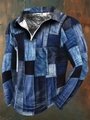 Polo homme à manches longues avec imprimé patchwork denim numérique et col zippé moderne - S / Hauts / Texture Patchwork Denim Bleu (PLLC-80)