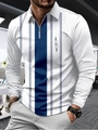 Polo homme blanc à rayures verticales bleues avec col à revers et fermeture éclair - S / Hauts / Rayures Verticales et Bloc Géométrique Blanc Bleu (PLLC-81)