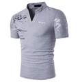 Men's grey short sleeve t-shirt with stand collar and elegant black floral print - S / Gray-King Logo Style