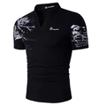 Men's black V-neck t-shirt with crown king print and white branch patterns on sleeves - S / Black-King Logo Style