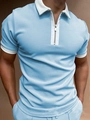 Polo de hombre azul claro casual con bordes blancos y moderno cuello de cremallera - Azul Claro Fresco