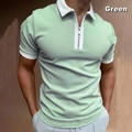 Men's slim-fit light green short-sleeve Polo shirt with white contrast collar and zipper - S / Light Green