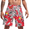 Men's red quick-dry beach shorts with tropical coconut tree and fruit prints - M / Tropical Sunset Red (B134-060)
