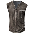 Detail of vintage men's henley tank top with V-neck buttons and white cross print - S / Light Brown Cross (HD-7 Buttoned Vest - Light Brown) / Tan
