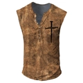 Detail of multi-button Henley neckline and cross print on vintage brown men's vest - S / Ginger Cross (HD-7 Button Vest - Ginger) / Ginger Yellow
