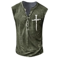 Detail of army green sleeveless Henley shirt with vintage wash and white cross print - S / Light Green Cross (HD-7 Button Vest) / Light Green