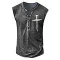 Detalle del cuello Henley y estampado de cruz en camiseta sin mangas lavada - S / Estilo Cruz Gris Oscuro (HD-7扣背心-深灰色) / gris oscuro