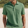 Men's slim fit cotton linen polo shirt in grass green with front pocket and buttons - S / Green
