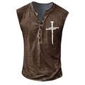 Detail of vintage brown Henley tank top featuring cross print and seven-button neckline - S / Brown Cross (HD-7 Button Vest - Brown) / Coffee