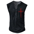 Close-up of the vintage washed black sleeveless Henley shirt featuring a red cross print - S / Black Red Cross (HD-7 Buckle Vest - Black & Red) / Black Red