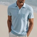Men's light blue short sleeve polo shirt with chest pocket and linen texture - S / Sky Blue