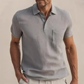 Men's slim fit grey linen polo shirt with classic collar and front chest pocket - S / Gray