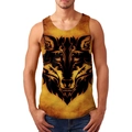 Detail of tribal wolf totem print on vintage yellow 3D digital printed men's tank top - S / Tops / Wolf Head Tribal Totem Style (156-18) / Yellow Wolf Totem