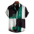 Close-up of modern abstract brushstroke print on breathable men's short sleeve shirt - M / Tops / Black Green White Color Block Print (C135)