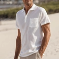 Men's white breathable linen short sleeve Polo shirt with front pocket for summer beach - S / White