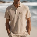 Men's short sleeve linen polo shirt in beige with chest pocket and classic buttons - S / Khaki