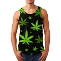 Detail of men's tank top featuring green leaf 3D print on a black premium fabric - S / Tops / Green Plant Print(156-9)