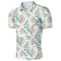 Dettaglio della stampa 3D con foglie tropicali su polo in maglia bianca a maniche corte - 4XL / Stile Tropicale con Stampa All Over (ZZPL-08)
