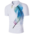 Polo pour homme blanc avec imprimé plumes 3D colorées et col rabattu classique - 4XL / Motif de Plumes Colorées (ZZPL-04)