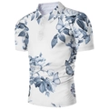Dettaglio polo bianca da uomo con stampa digitale floreale e farfalle in porcellana blu - 4XL / Stile Porcellana Farfalla Floreale Blu (ZZPL-10)