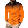 Detail of men's orange long sleeve Polo shirt featuring black gradient dot print and collar - 3XL / Orange