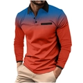 Detail of men's orange long sleeve polo shirt with blue gradient dot print and black collar - S / Watermelon red