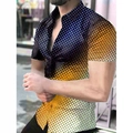 Men's slim-fit short-sleeved shirt featuring blue to orange gradient pixel dots - S / Tops / Blue Orange Gradient Pixel Polka Style (CSDX-11)