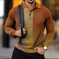 Men's waffle knit long sleeve polo shirt featuring orange and brown color block design - S / Tops / Orange-Brown Splicing (PLC-40)