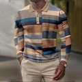Men's long-sleeve polo shirt featuring 3D printed horizontal color block stripes in earth tones - S / Tops / Multicolor Stripe Splicing (PLC-41)