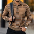 Men's retro long-sleeved polo shirt with vintage stripes and 3D textured knit fabric - S / Tops / Dark Camel Horizontal Stripe Splicing (PLC-44)