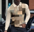 Detailed view of 3D geometric patchwork print on men's long sleeve knitted polo shirt - S / Tops / Beige Artistic Splicing (PLC-55)