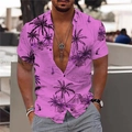 Detail of purple tropical shirt with palm trees and sailboats worn by a model outdoors - 3XL / Purple Landscape