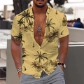 Détail d'une chemise d'été pour homme avec imprimé palmier et voilier sur tissu jaune - 3XL / Île Jaune Clair