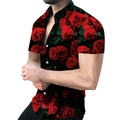 Men's slim fit short sleeve shirt with vibrant red rose 3D digital floral print - S / Tops / Black Background Red Rose Print Style (CSDX-28)