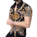 Men's slim-fit short sleeve shirt with golden baroque patterns and leopard print details - S / Tops / Black Gold Baroque Pattern Style (CSDX-70)