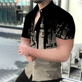 Men's short sleeve shirt with cream base and black abstract street art brushstroke print - S / Tops / Beige Black Ink Brush Style (CSDX-205)