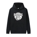 Close-up of baseball graphic print and size S label on black drawstring hoodie - M / Black - Baseball Glove Print