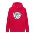 Detail view of red baseball print hoodie with ribbed cuffs and kangaroo pocket - M / Red - Baseball Glove Print
