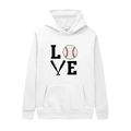 Detailed view of white baseball themed LOVE print with bats on casual hoodie chest - M / White - Creative LOVE Print