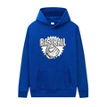 Close-up of baseball glove print on navy hoodie with kangaroo pocket and drawstrings - M / Royal Blue - Baseball Glove Print