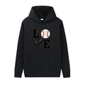 Detail of baseball-themed LOVE graphic and front pocket on black drawstring hoodie - M / Black - Creative LOVE Print