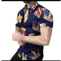 Men's short sleeve shirt in navy blue with royal red and gold crown print patterns - S / Tops / Dark Blue Three-color Crown Print Style (4)