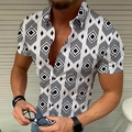 Men's white short-sleeved shirt featuring a black geometric diamond print with buttons - S / Tops / White Black Geometric Diamond Style (5)