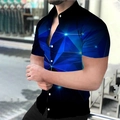 Men's short sleeve shirt with 3D navy geometric pattern and white button closure - S / Tops / Dark Blue 3D Geometric Light Style (CSDX-153)