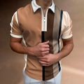 Close-up of men's striped polo shirt featuring zipper placket and knit texture - 4XL / Tops / Earth Tone Vertical Patchwork Stripe Style (PLLD-179)