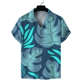 Detailed view of white buttons and tropical palm leaf print on navy short sleeve shirt - S / Blue Tropical Leaf (GL53)