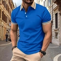 Men's royal blue polo shirt with beige contrast collar and cuffs in urban street setting - S / Tops / Sapphire Blue