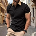 Detail of slim fit black Polo shirt featuring khaki striped collar and ribbed cuffs - S / Tops / Black
