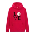 Red hooded sweatshirt with heart love baseball graphic print and kangaroo pocket detail - M / Red - Creative LOVE Print